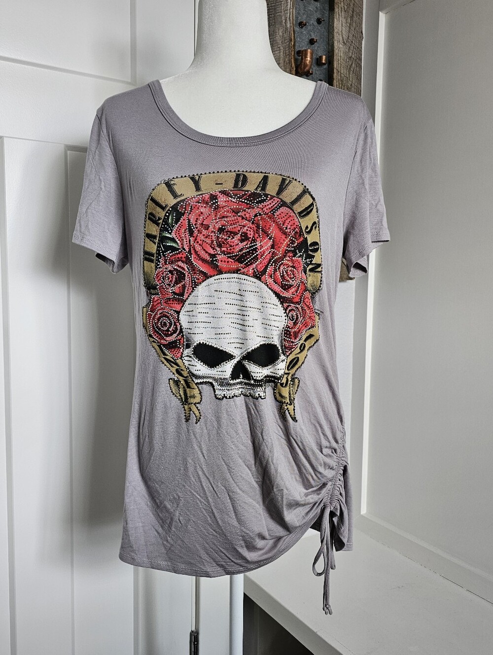 Harley Davidson Women's Bling Skull Roses Cinched Side Tunic Tee Size Large